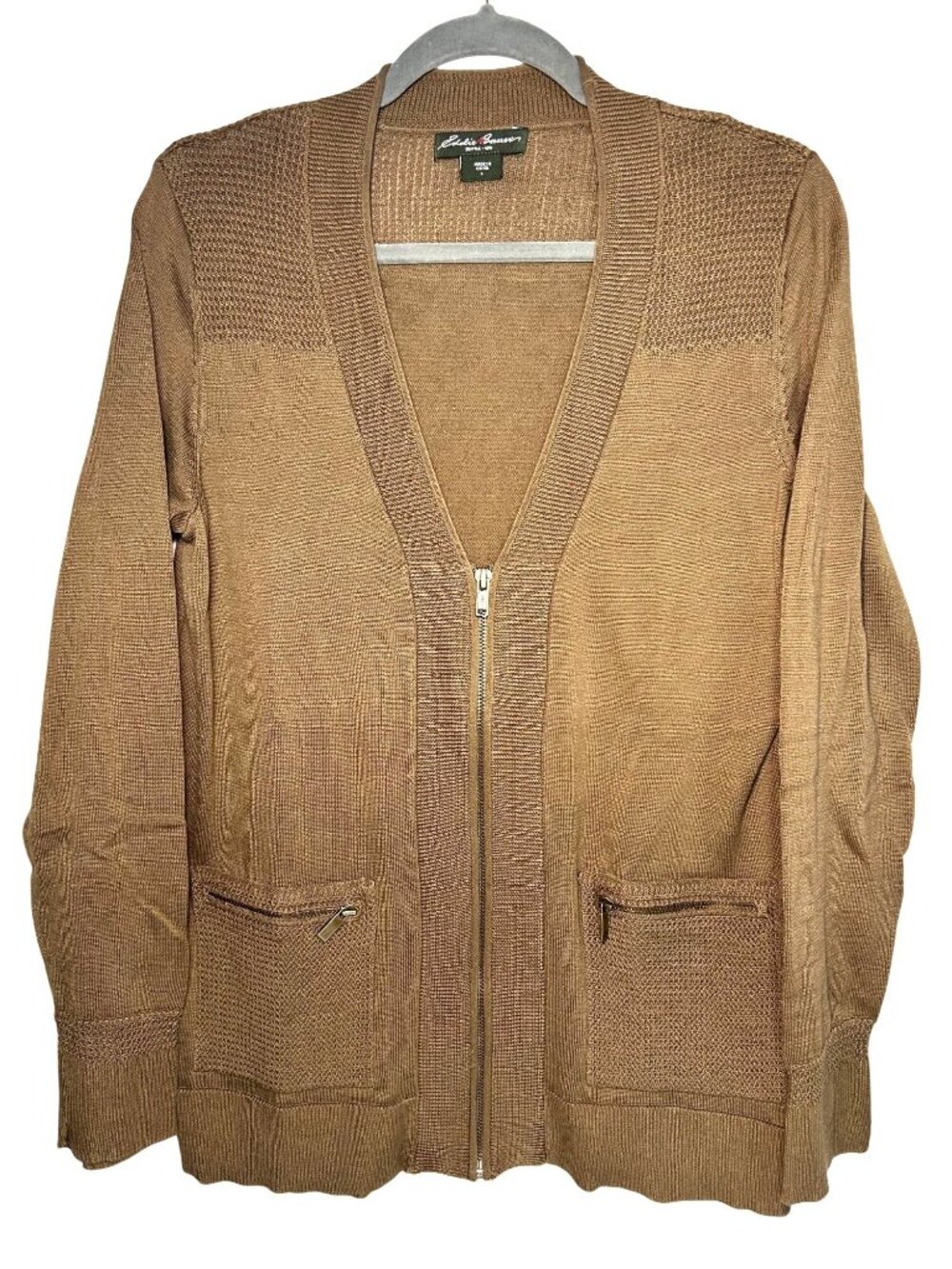 Eddie Bauer Women’s Olive Brown Full Zip Cotton Cardigan Sweater Textured Pocket